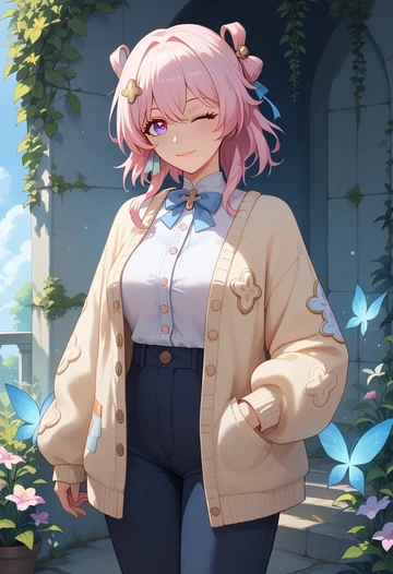 star rail,march 7th,cardigan,oversized,wide-leg pants  - AI generated anime art